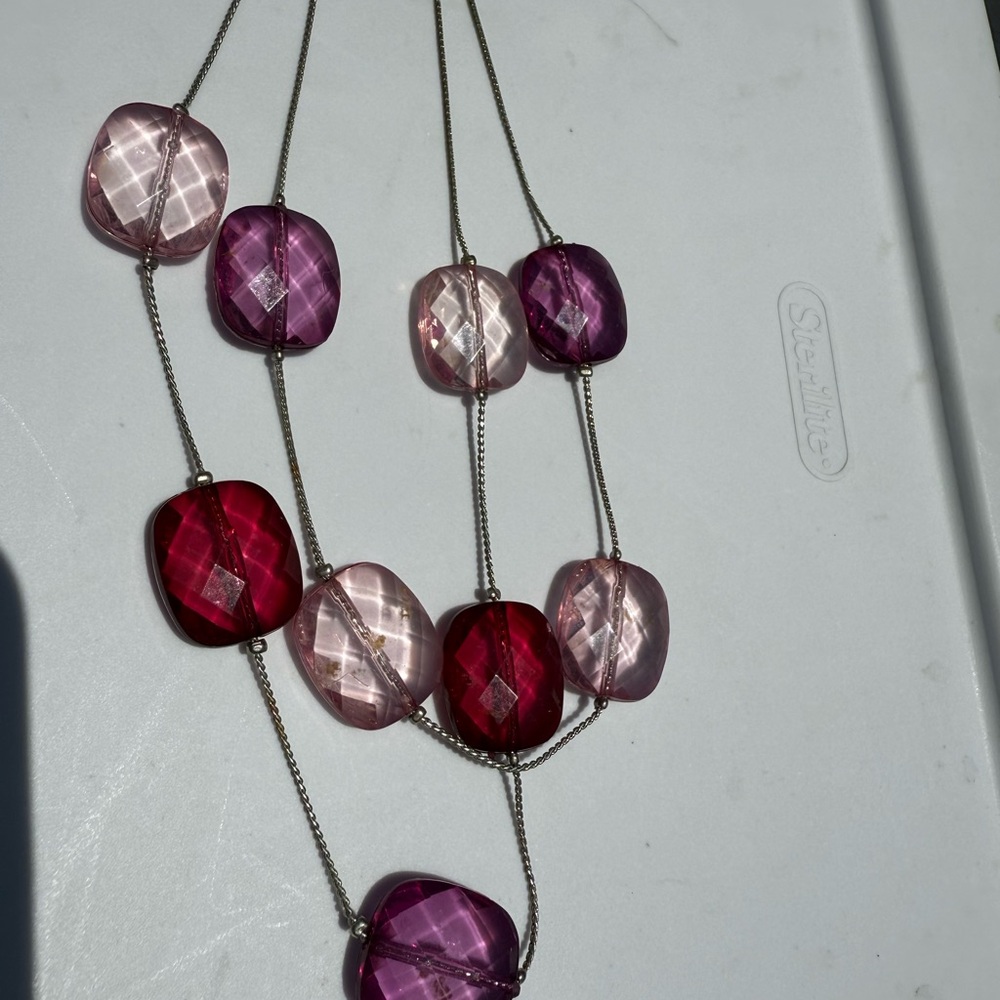 Pink,Lavender and Red Beaded Necklace, 19”